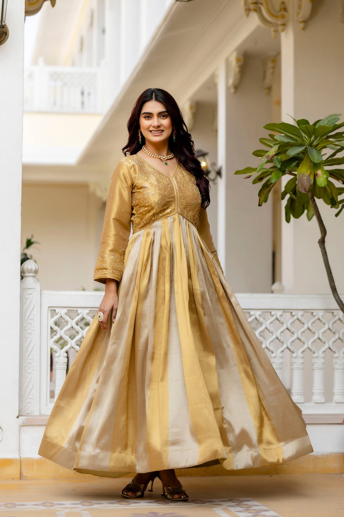 Golden Viscose Banarasi Silk Embroidered Gown