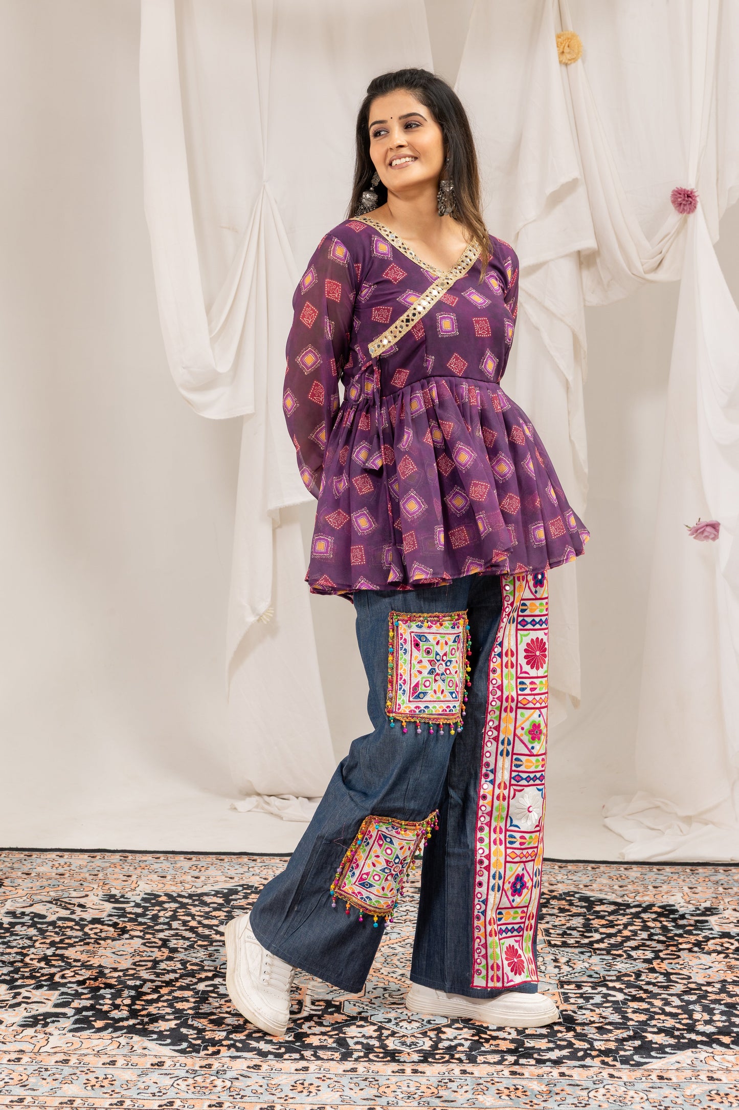 Purple Mirror Royale Kediya With Denim Set