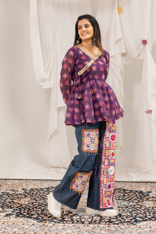 Purple Mirror Royale Kediya With Denim Set