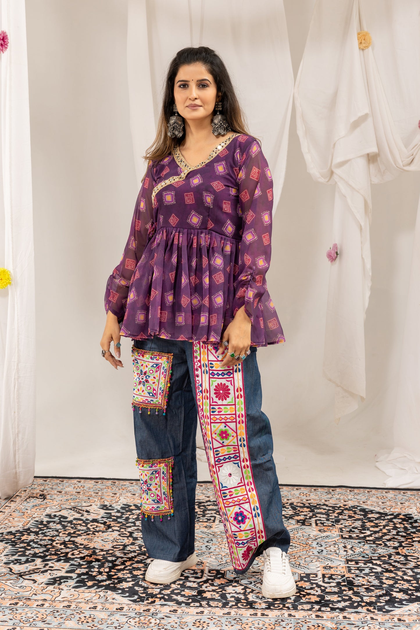 Purple Mirror Royale Kediya With Denim Set