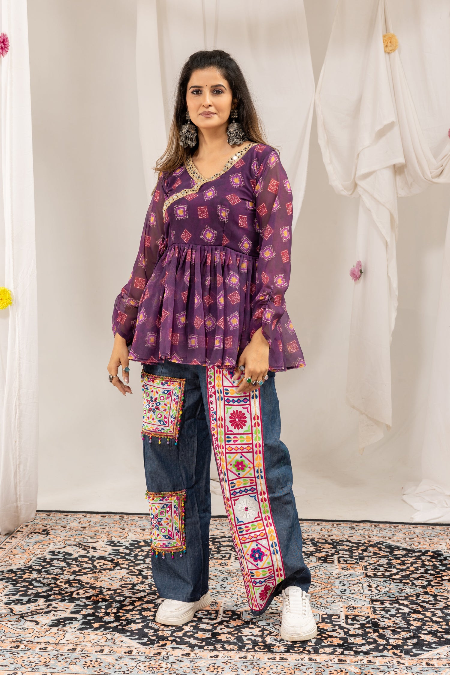 Purple Mirror Royale Kediya With Denim Set