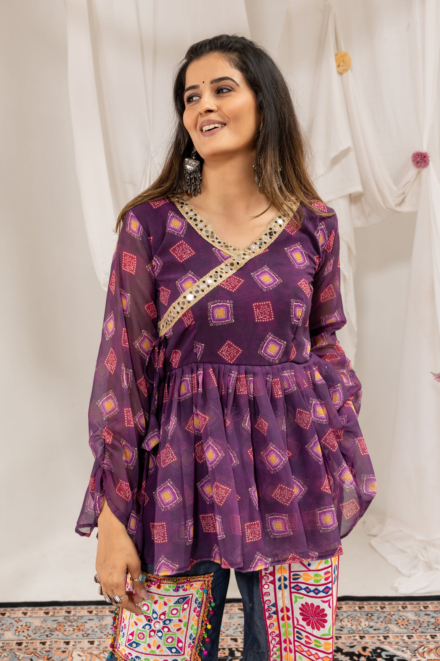 Purple Mirror Royale Kediya With Denim Set