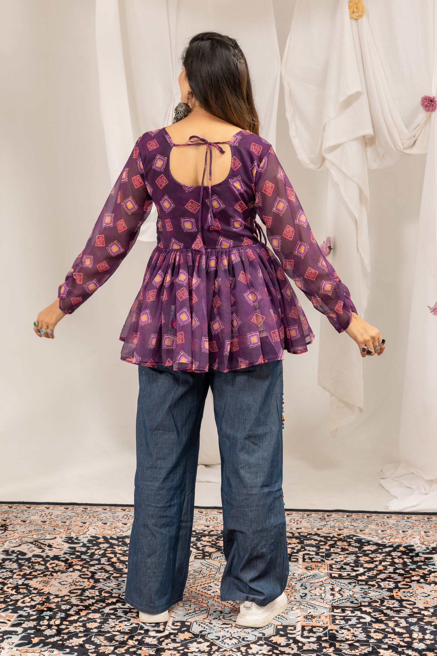 Purple Mirror Royale Kediya With Denim Set