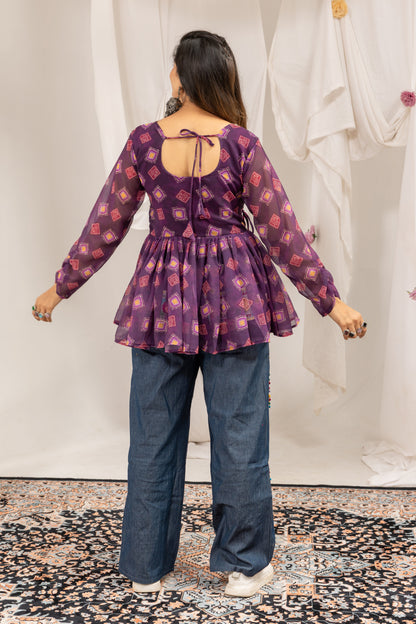 Purple Mirror Royale Kediya With Denim Set
