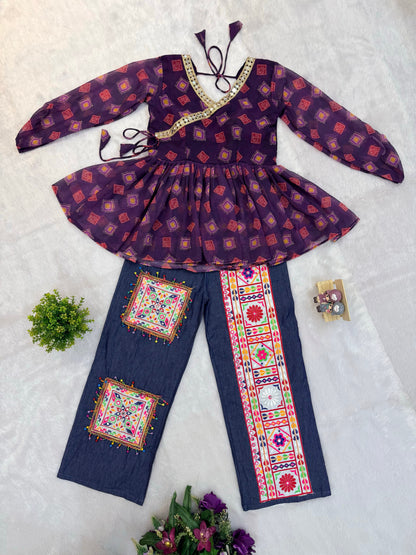 Purple Mirror Royale Kediya With Denim Set