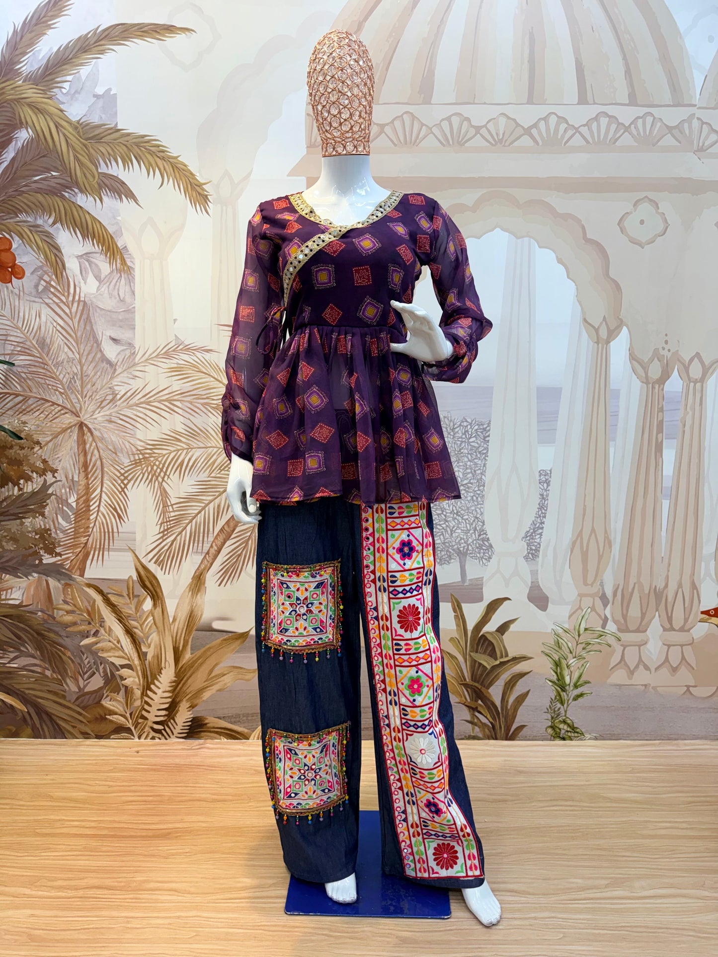 Purple Mirror Royale Kediya With Denim Set