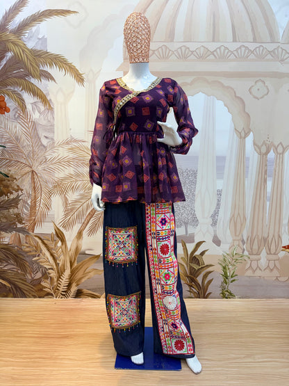 Purple Mirror Royale Kediya With Denim Set