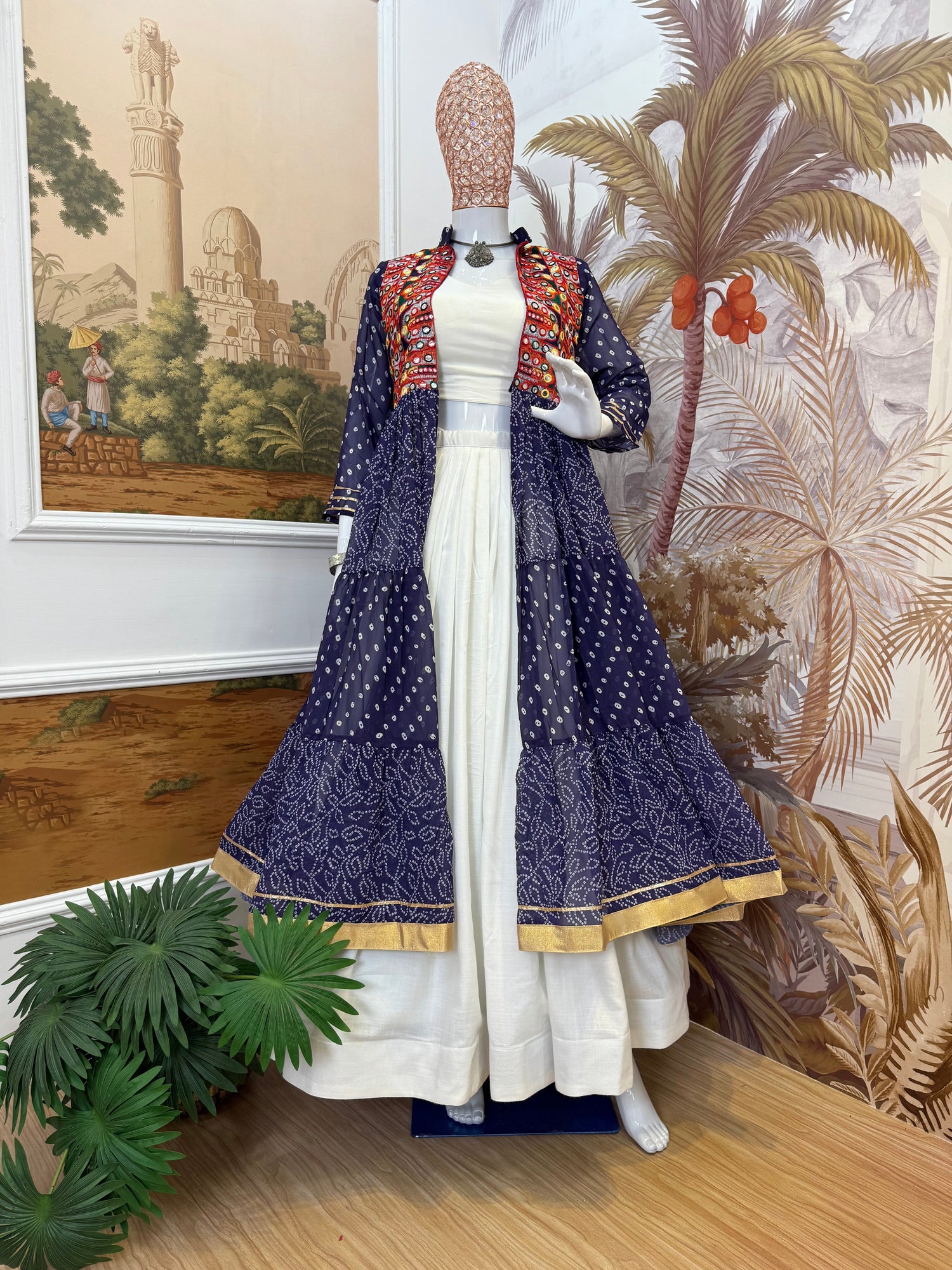 Navy Blue Printed Long Shrug with White Dress Set