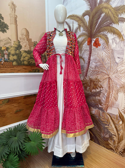 Rani Pink Printed Long Shrug with White Dress Set