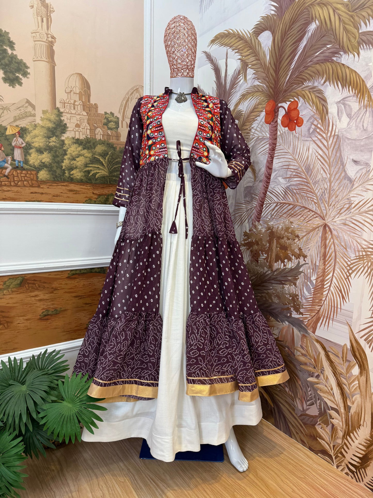 Wine Printed Long Shrug with White Dress Set