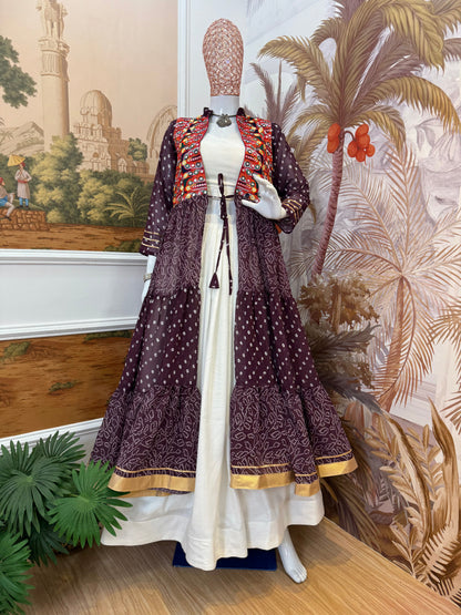 Wine Printed Long Shrug with White Dress Set
