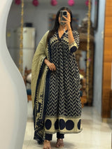 Black Printed Anarkali Kurti Pant Dupatta Set Stylish Office & Daily Wear