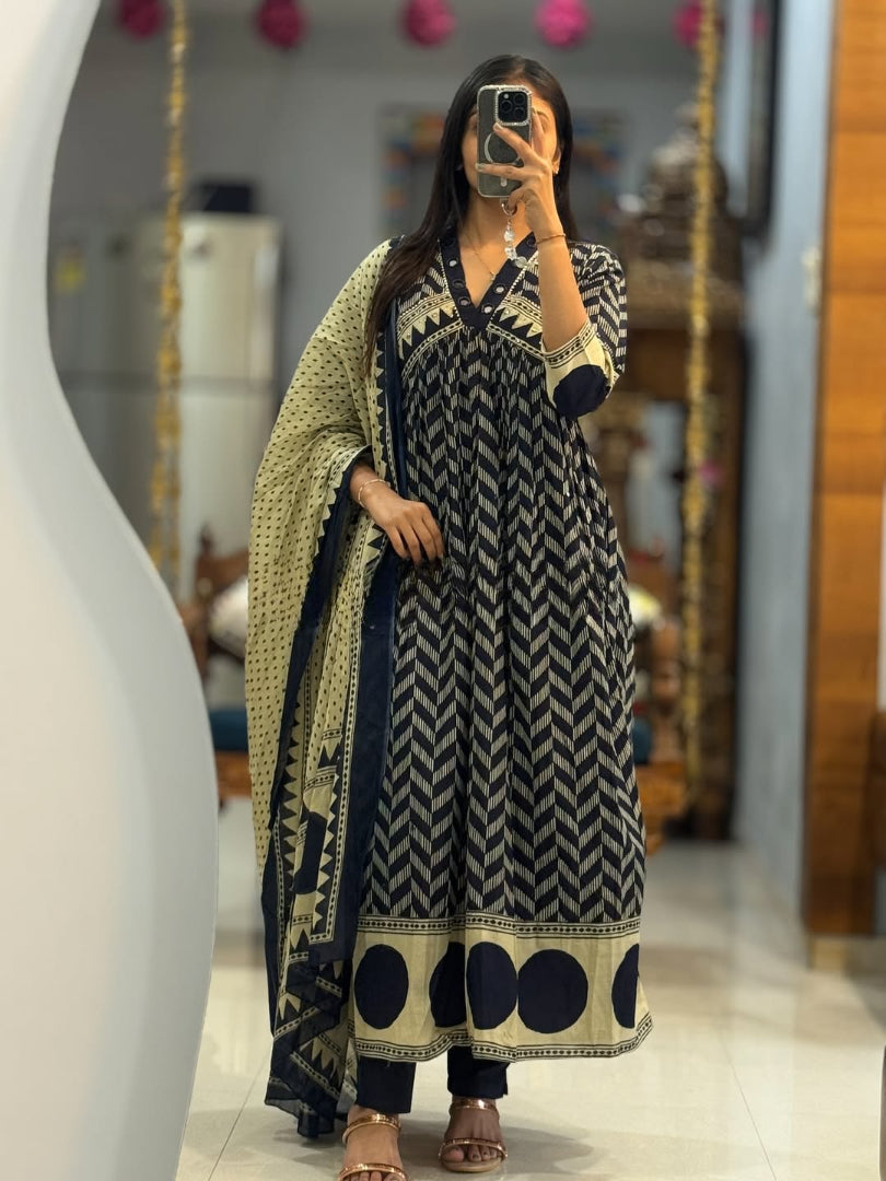 Black Printed Anarkali Kurti Pant Dupatta Set Stylish Office & Daily Wear