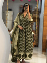 Olive Green Printed Anarkali Kurti Pant Dupatta Set Elegant Daily & Office Wear