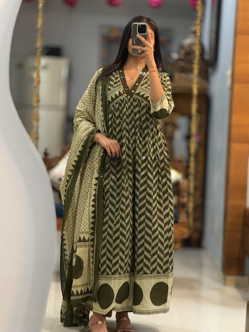 Olive Green Printed Anarkali Kurti Pant Dupatta Set Elegant Daily & Office Wear