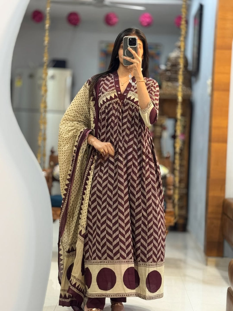 Maroon Printed Anarkali Kurti Pant Dupatta Set Elegant Daily & Office Wear