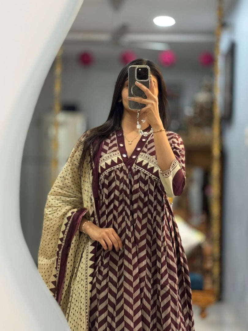 Maroon Printed Anarkali Kurti Pant Dupatta Set Elegant Daily & Office Wear