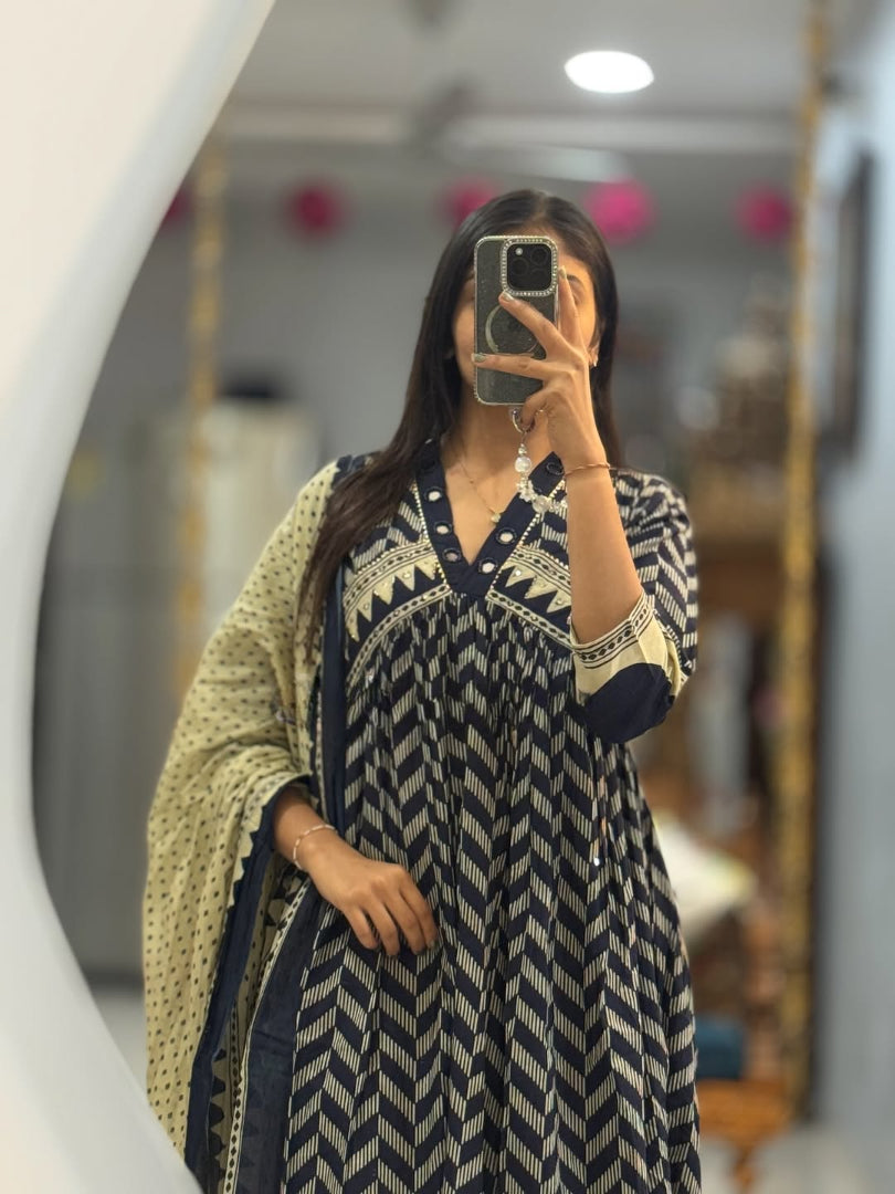 Black Printed Anarkali Kurti Pant Dupatta Set Stylish Office & Daily Wear