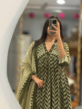 Olive Green Printed Anarkali Kurti Pant Dupatta Set Elegant Daily & Office Wear