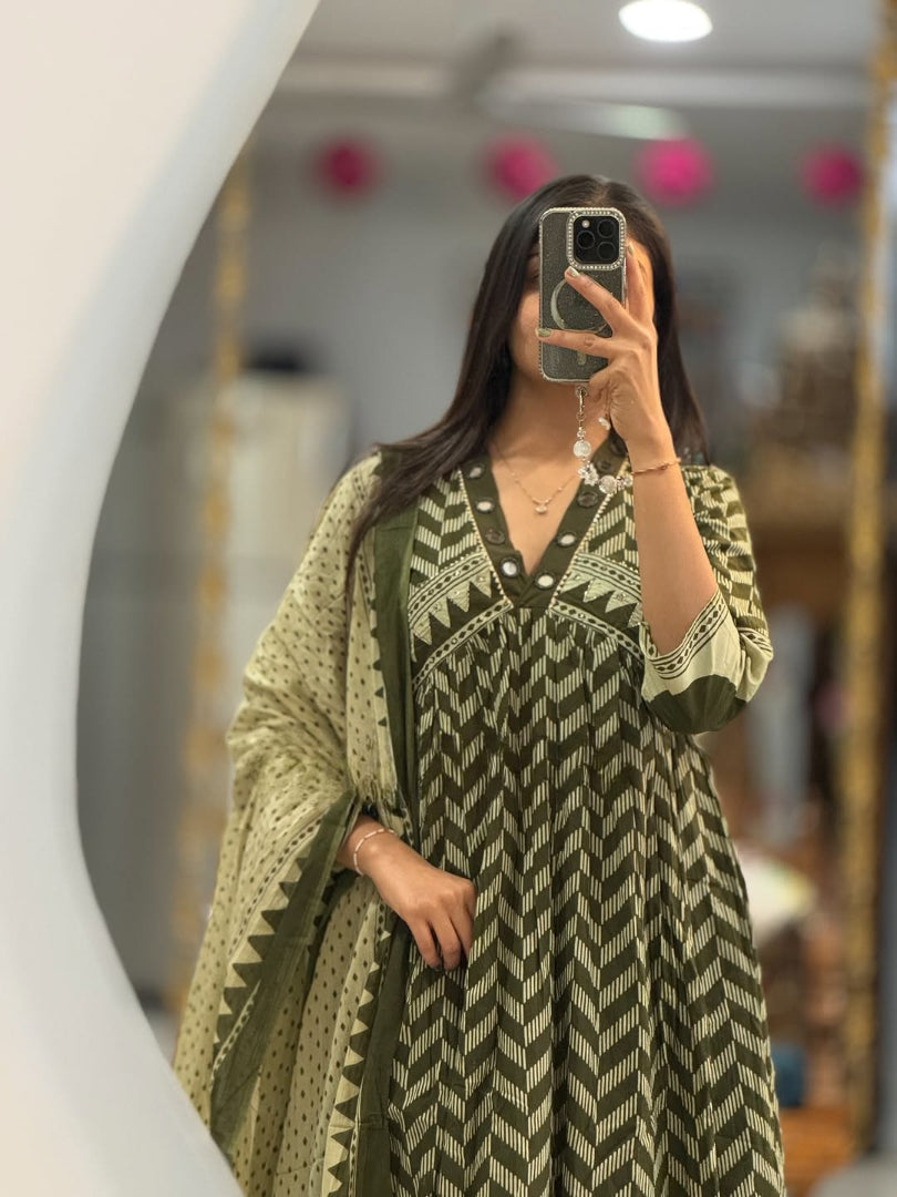 Olive Green Printed Anarkali Kurti Pant Dupatta Set Elegant Daily & Office Wear