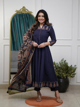 Navy Blue Printed Kurti Pant Dupatta Set Elegant Festive & Party Wear