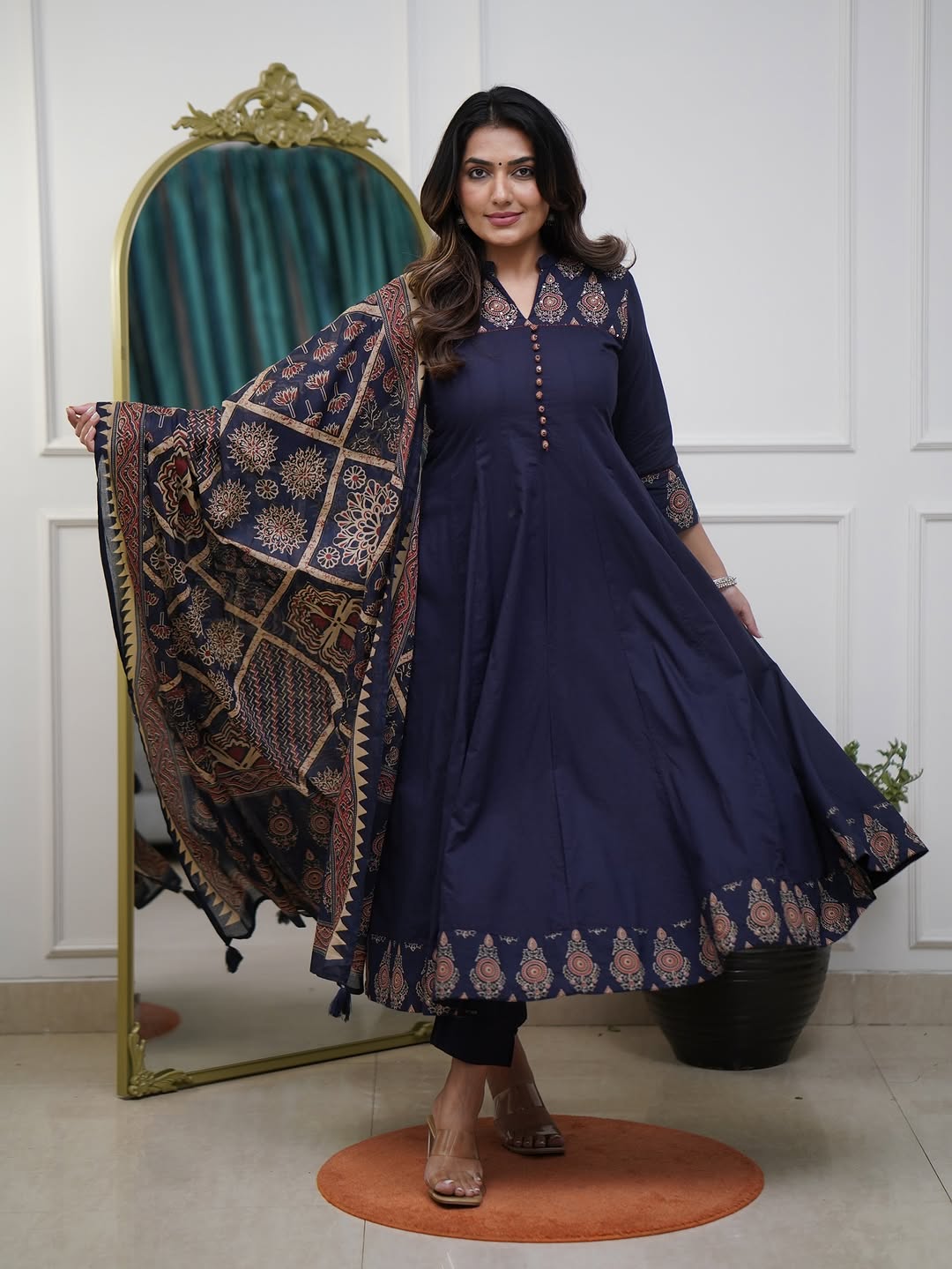 Navy Blue Printed Kurti Pant Dupatta Set Elegant Festive & Party Wear