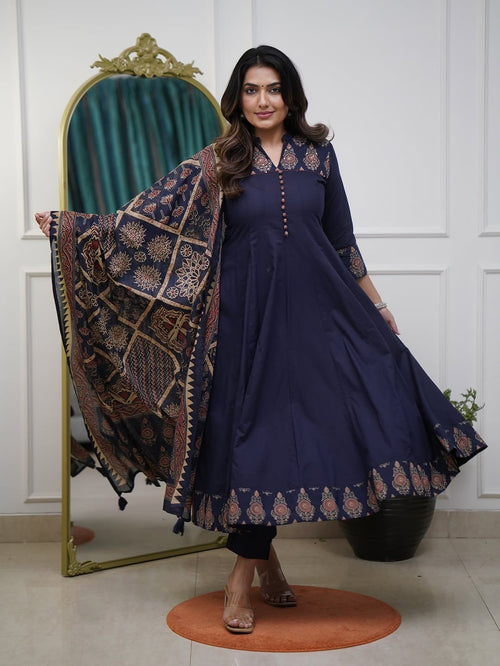 Navy Blue Printed Kurti Pant Dupatta Set Elegant Festive & Party Wear