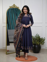 Navy Blue Printed Kurti Pant Dupatta Set Elegant Festive & Party Wear