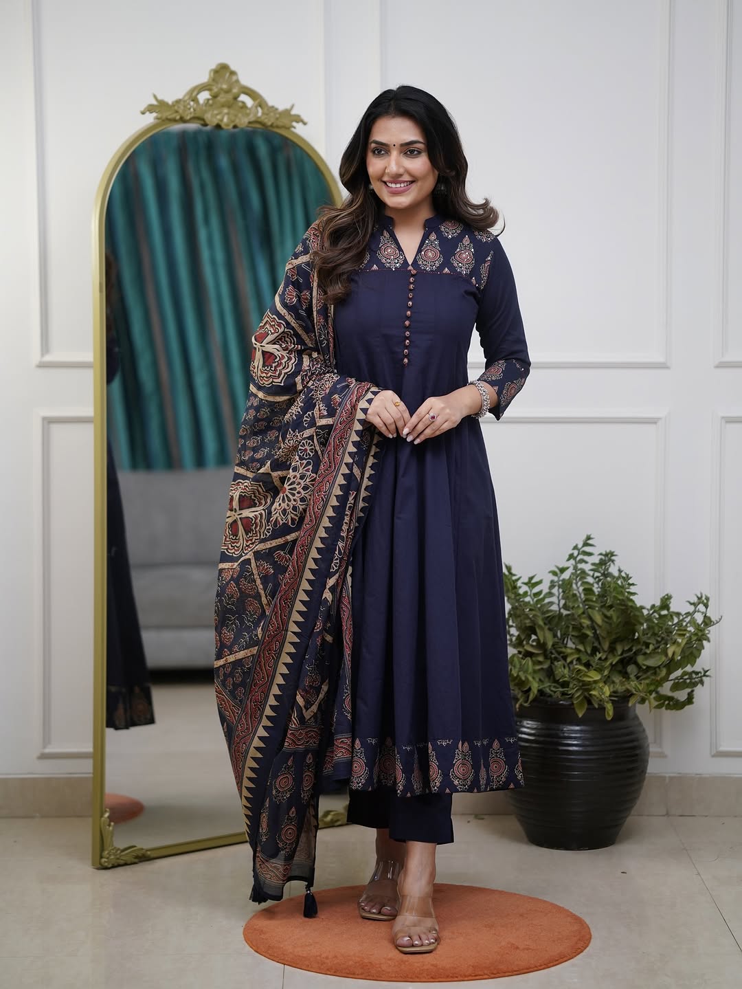 Navy Blue Printed Kurti Pant Dupatta Set Elegant Festive & Party Wear