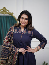Navy Blue Printed Kurti Pant Dupatta Set Elegant Festive & Party Wear