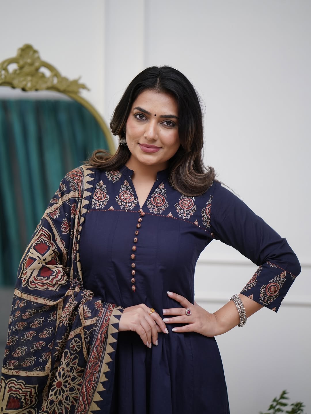 Navy Blue Printed Kurti Pant Dupatta Set Elegant Festive & Party Wear