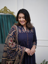 Navy Blue Printed Kurti Pant Dupatta Set Elegant Festive & Party Wear