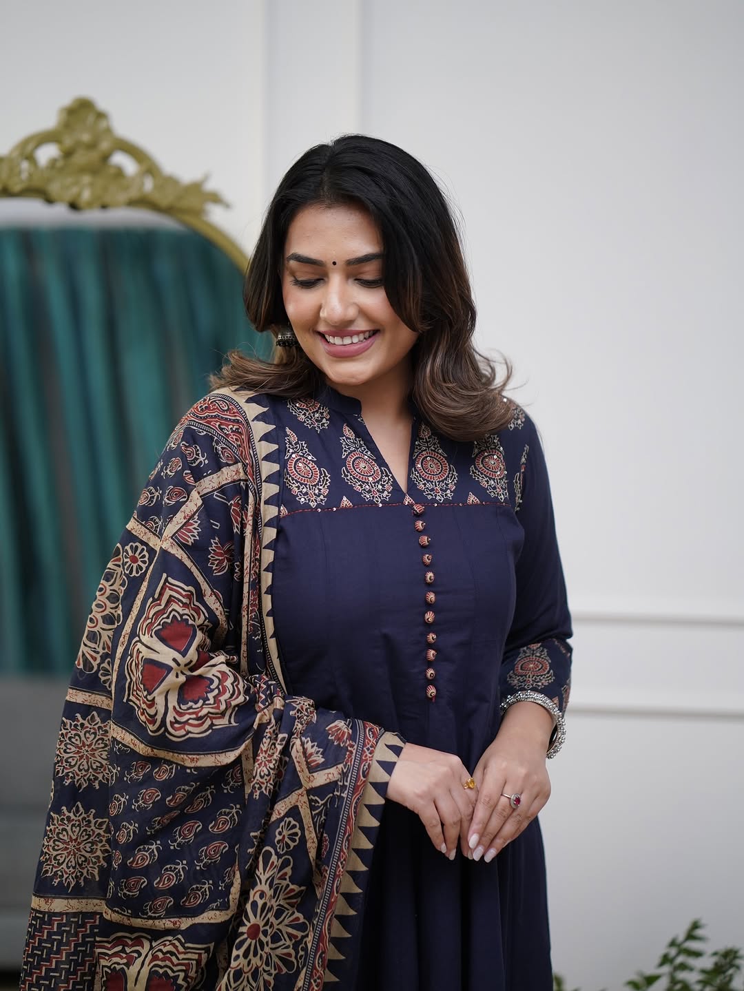 Navy Blue Printed Kurti Pant Dupatta Set Elegant Festive & Party Wear