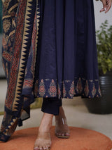 Navy Blue Printed Kurti Pant Dupatta Set Elegant Festive & Party Wear