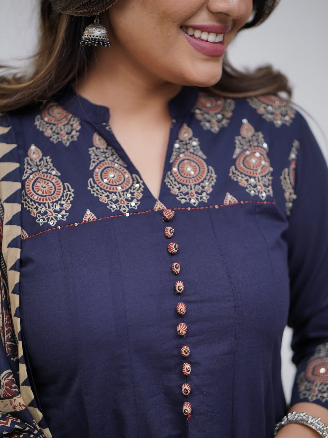 Navy Blue Printed Kurti Pant Dupatta Set Elegant Festive & Party Wear
