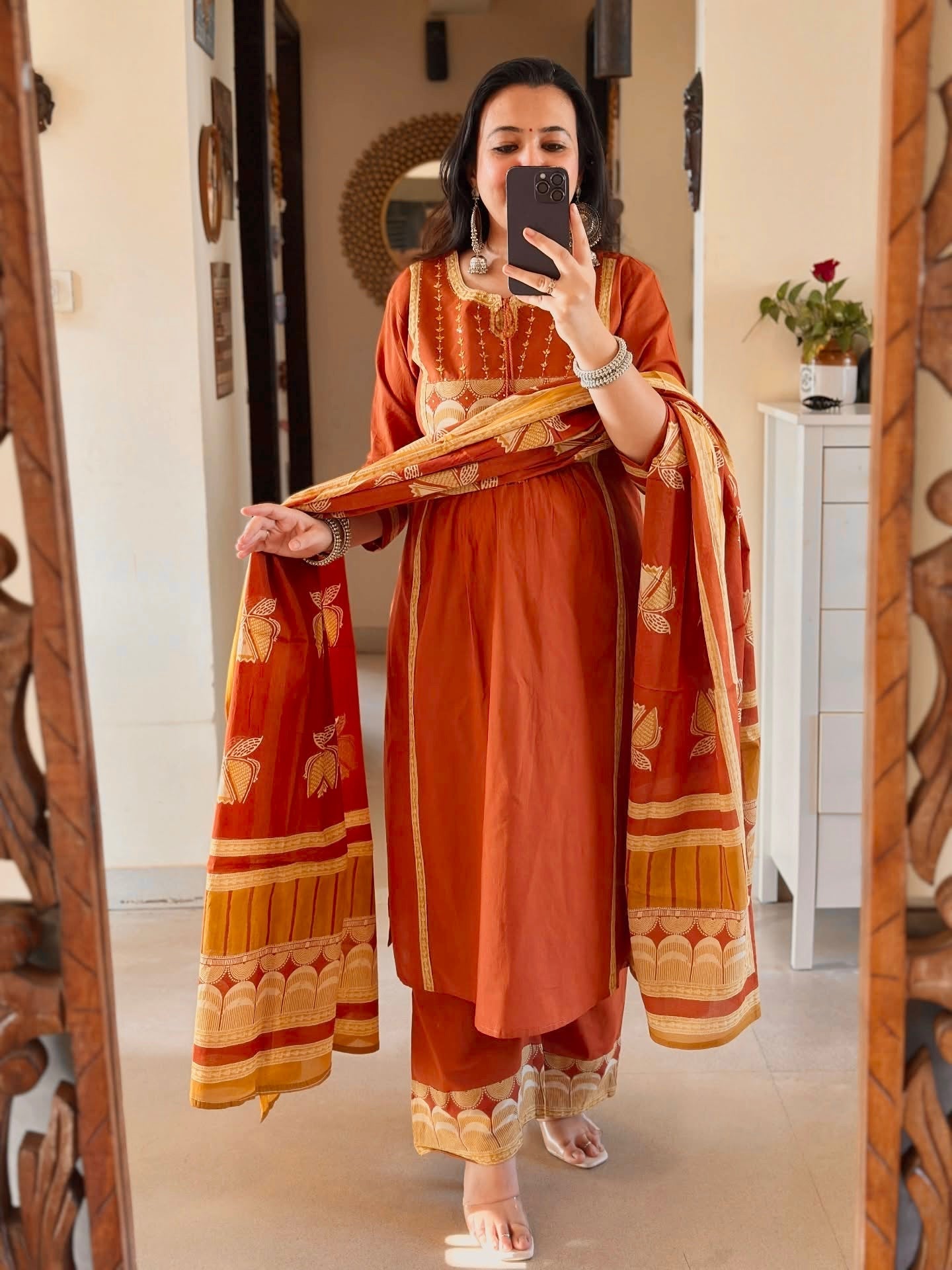 Rust Orange Kurti Pant Dupatta Set