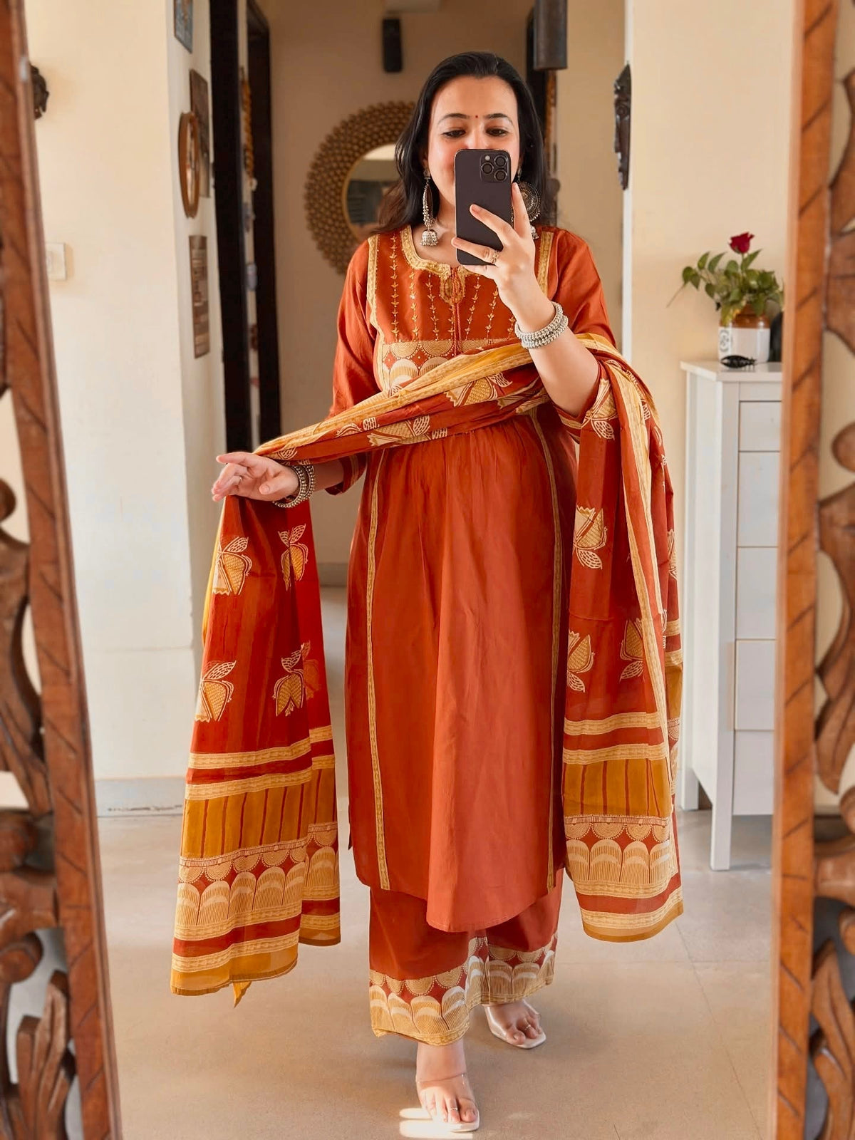 Rust Orange Kurti Pant Dupatta Set