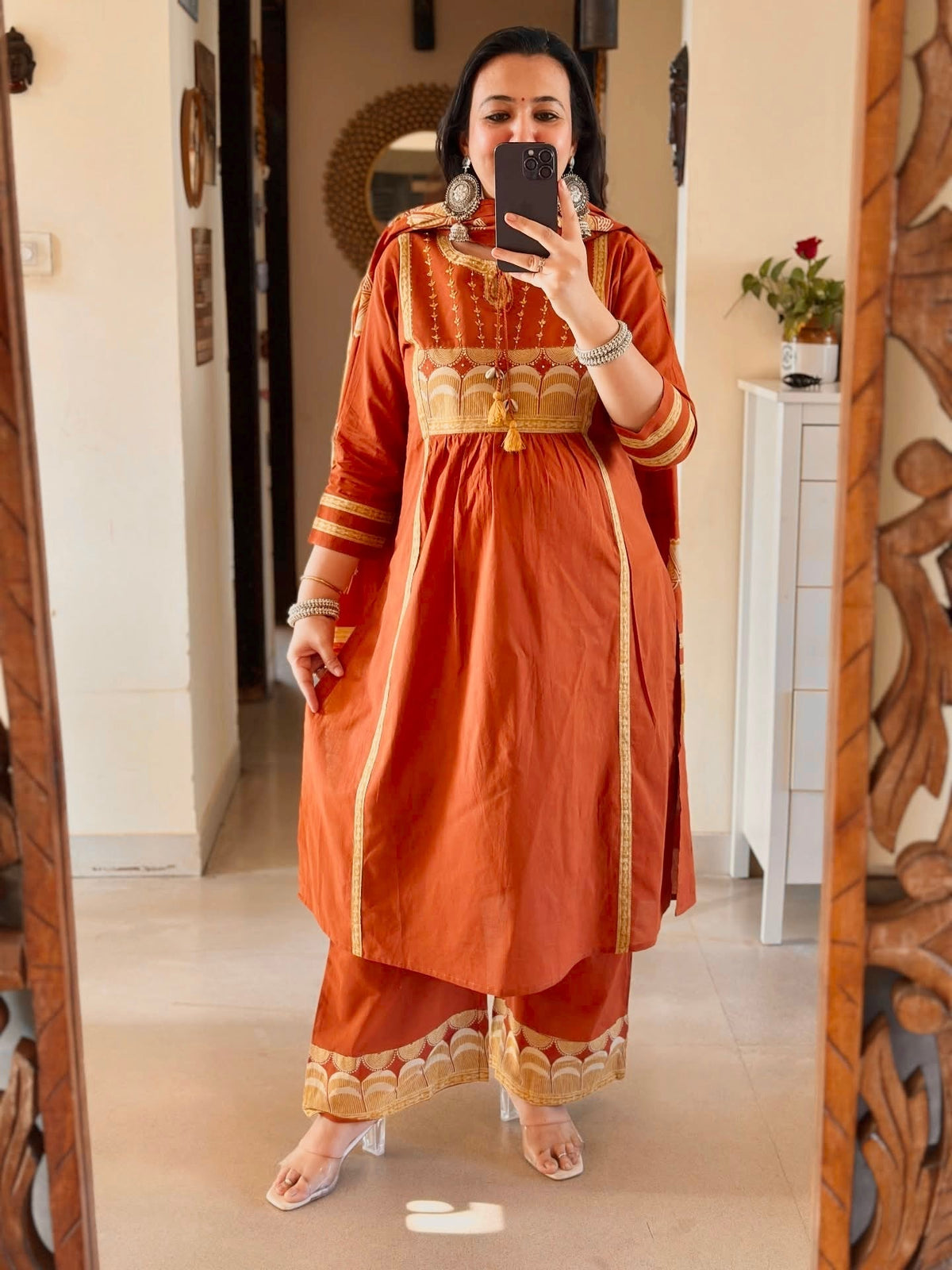 Rust Orange Kurti Pant Dupatta Set