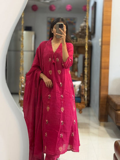 Rani Pink Anarkali Pure Mal Cotton Kurti Pant With Dupatta Set