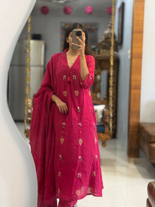 Rani Pink Anarkali Pure Mal Cotton Kurti Pant With Dupatta Set