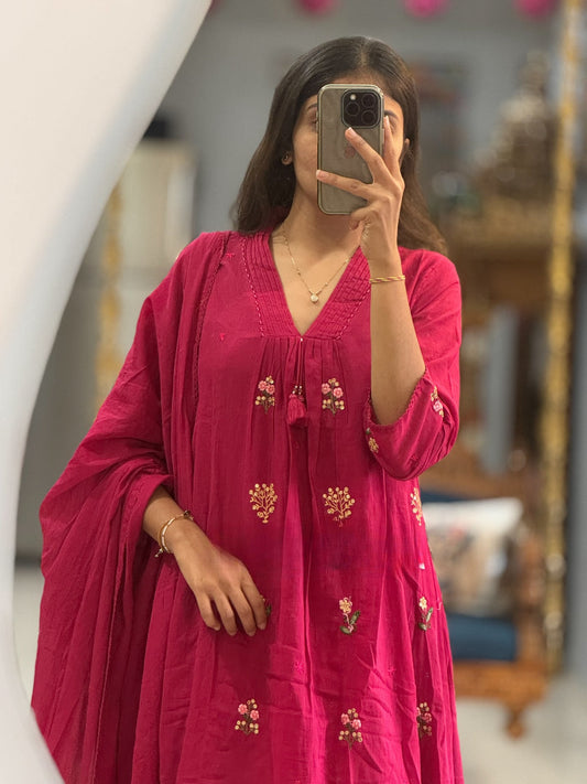 Rani Pink Anarkali Pure Mal Cotton Kurti Pant With Dupatta Set
