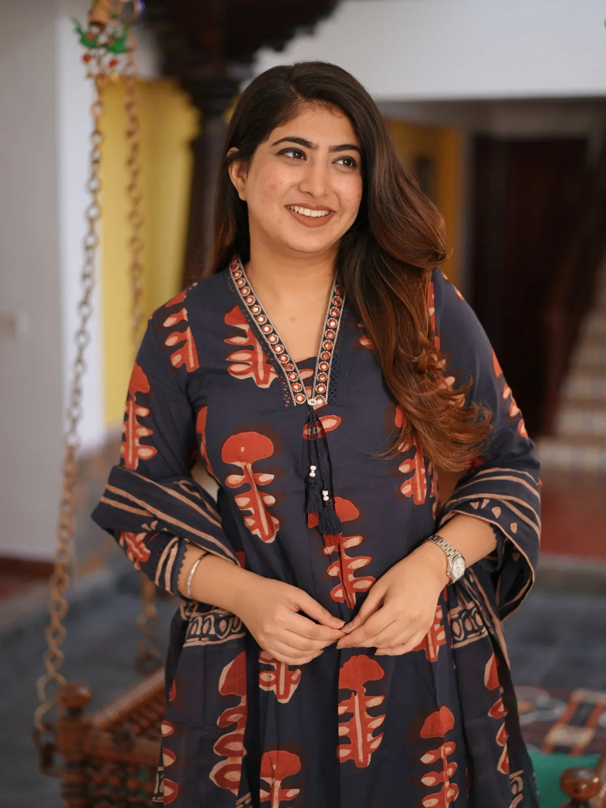 Charcoal Grey Ethnic Printed Kurti Pant Set