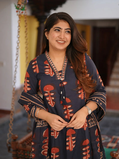 Charcoal Grey Ethnic Printed Kurti Pant Set