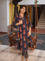 Charcoal Grey Ethnic Printed Kurti Pant Set