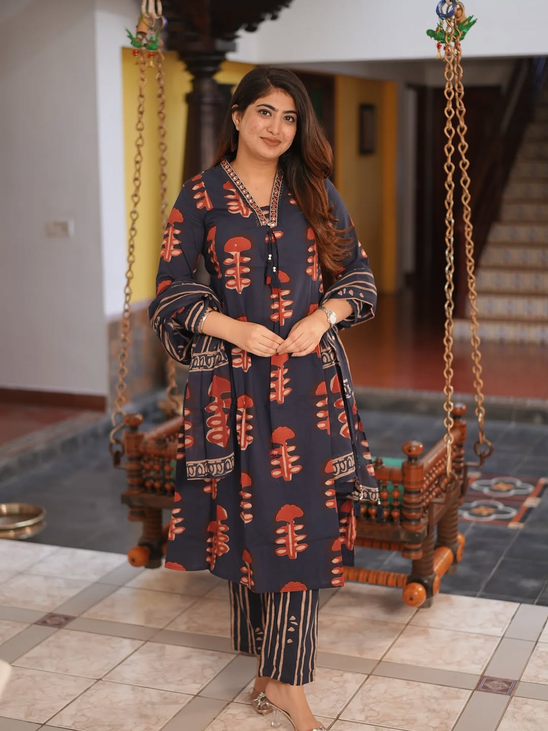 Charcoal Grey Ethnic Printed Kurti Pant Set
