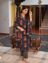 Charcoal Grey Ethnic Printed Kurti Pant Set
