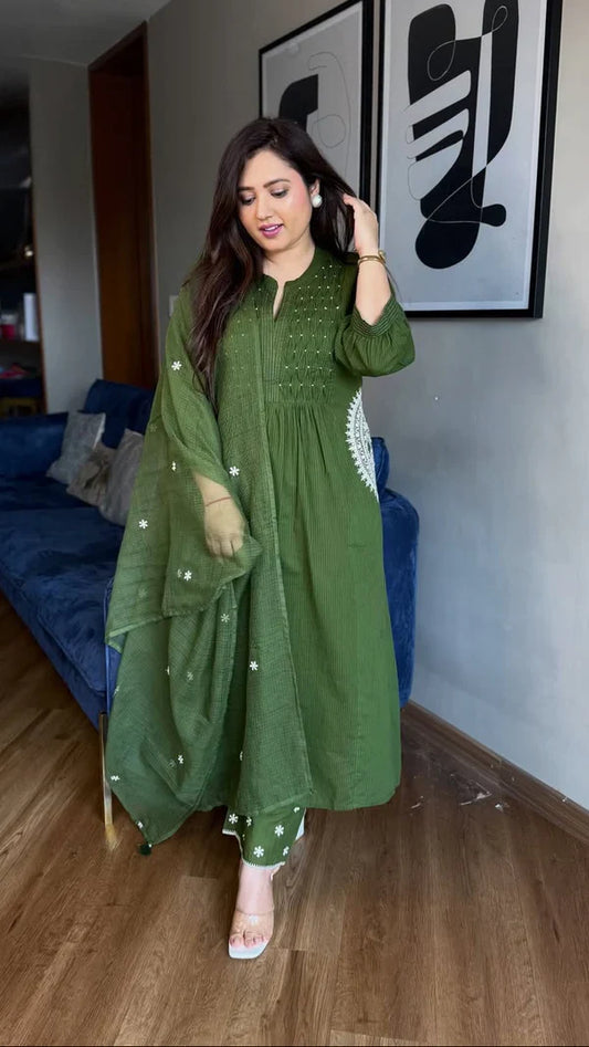 Elegant Green Pure Mul Cotton Embroidered Suit Set with Dupatta