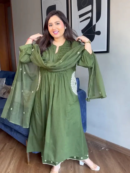 Elegant Green Pure Mul Cotton Embroidered Suit Set with Dupatta