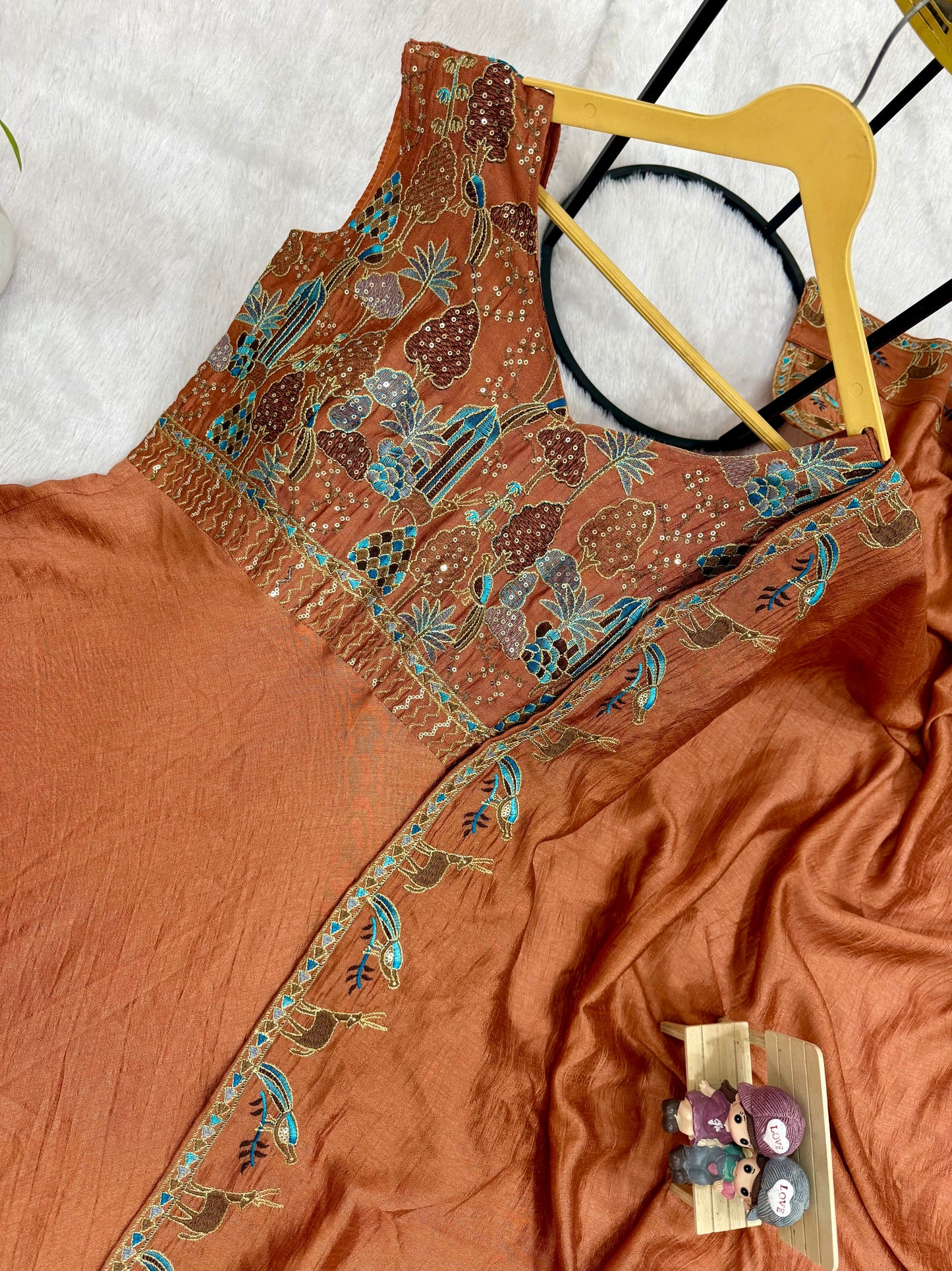 Rust Ember Vichitra Silk Embroidered Anarkali Set