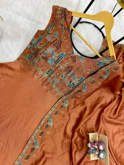 Rust Ember Vichitra Silk Embroidered Anarkali Set